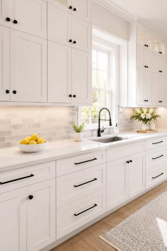 White shaker cabinets with matte black hardware handles and knobs in a bright timeless kitchen