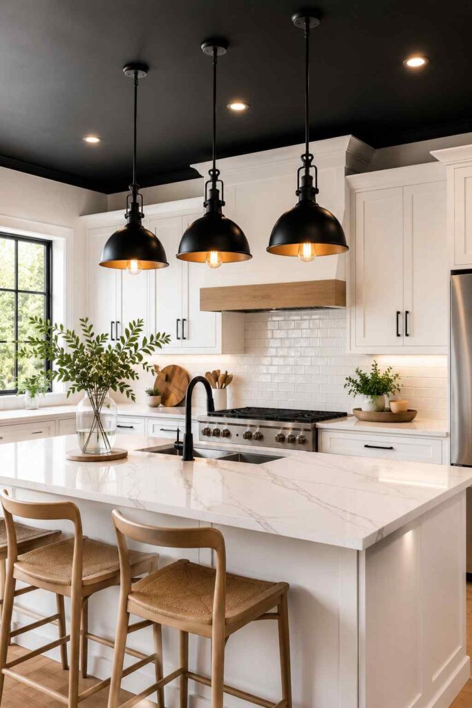 Matte black painted kitchen ceiling with white cabinets and black industrial pendant lights over a marble island