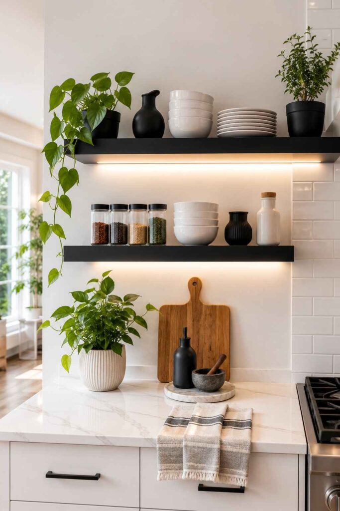 Black floating shelves styled with white ceramics plants and glass jars on a white kitchen wall