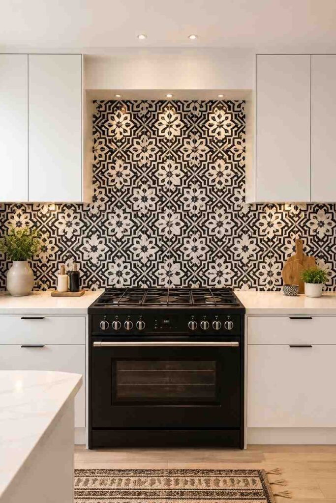 Bold black and white Moroccan geometric patterned tile backsplash behind a black range cooker in a modern kitchen