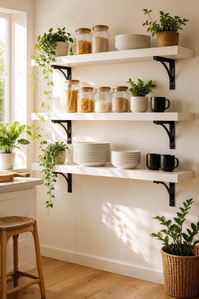 White open kitchen shelves with black metal bracket hardware styled with dishes plants and glass jars