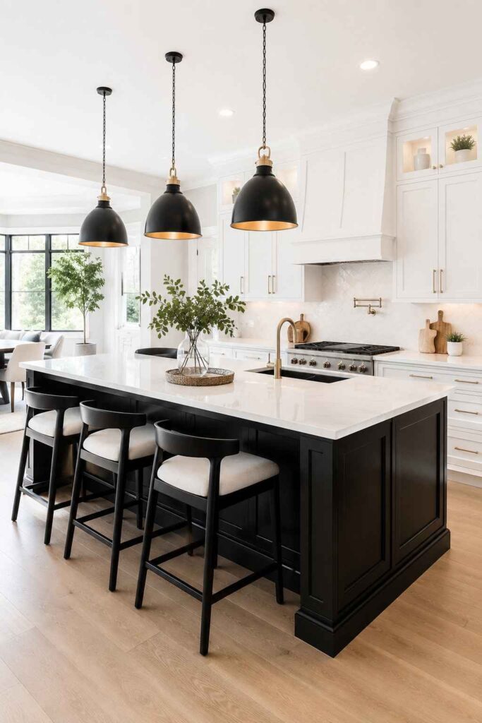 Black painted kitchen island with white quartz top and black bar stools in an all white open plan kitchen