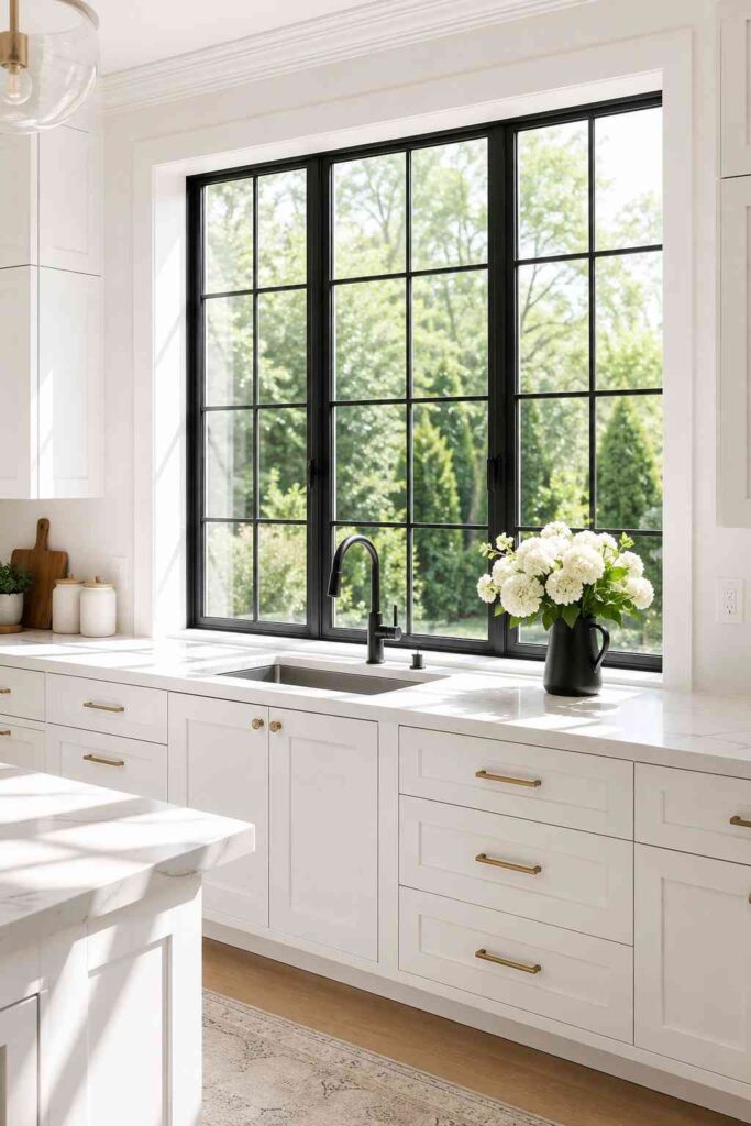 Large black framed windows above a white kitchen sink casting morning light across white countertops