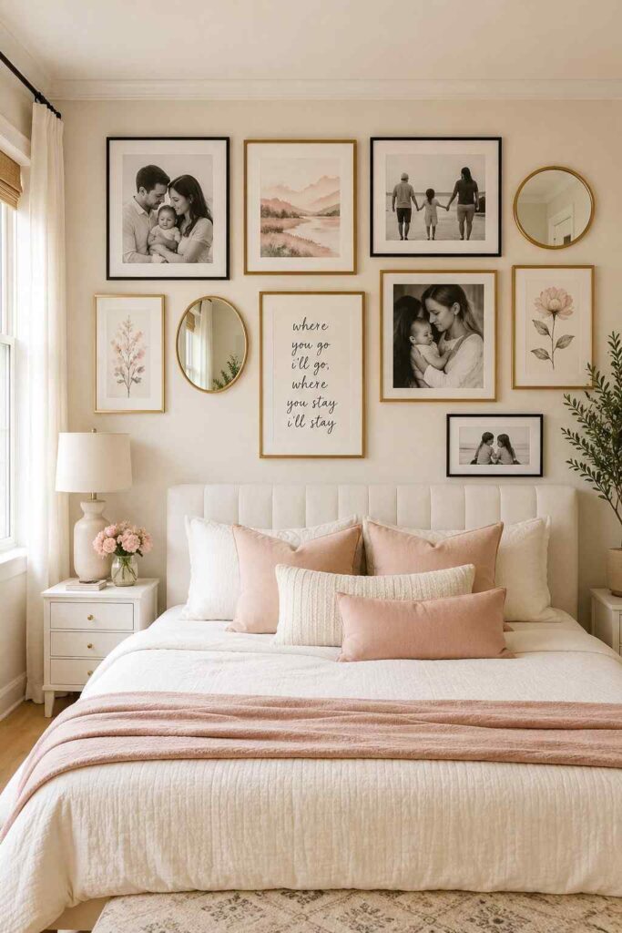 Gallery wall with mixed gold and black frames above a white upholstered bed headboard in a cozy bedroom