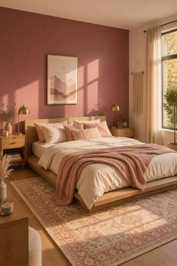 Deep dusty mauve accent wall behind a low wooden platform bed with cream and blush bedding
