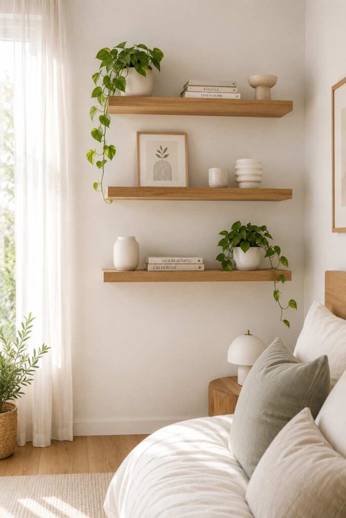 Warm oak floating shelves styled with trailing plants candles and books on a white bedroom wall