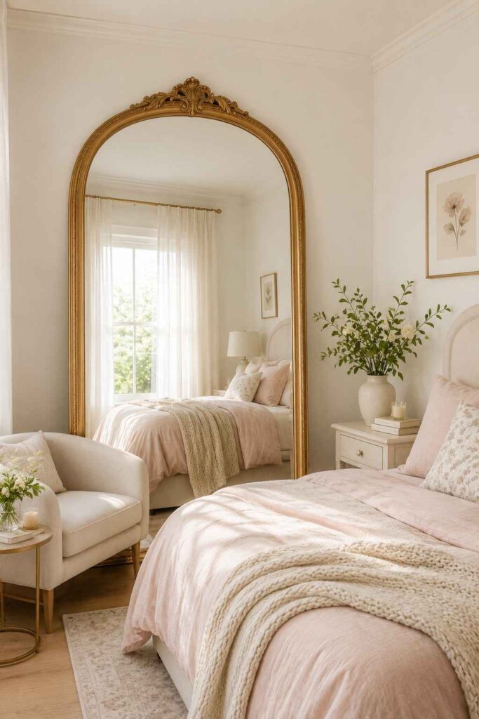 Large oversized arched mirror in aged gold frame leaning against a white bedroom wall beside a cream armchair