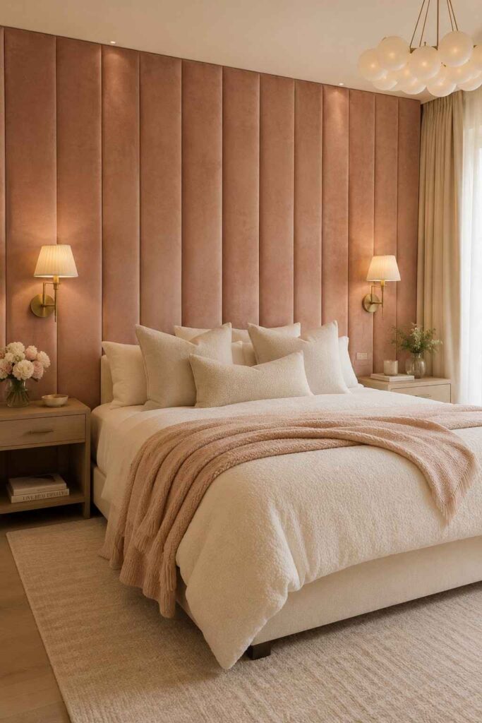 Dusty blush velvet upholstered fabric panel wall behind a king bed with cream boucle bedding and brass sconces