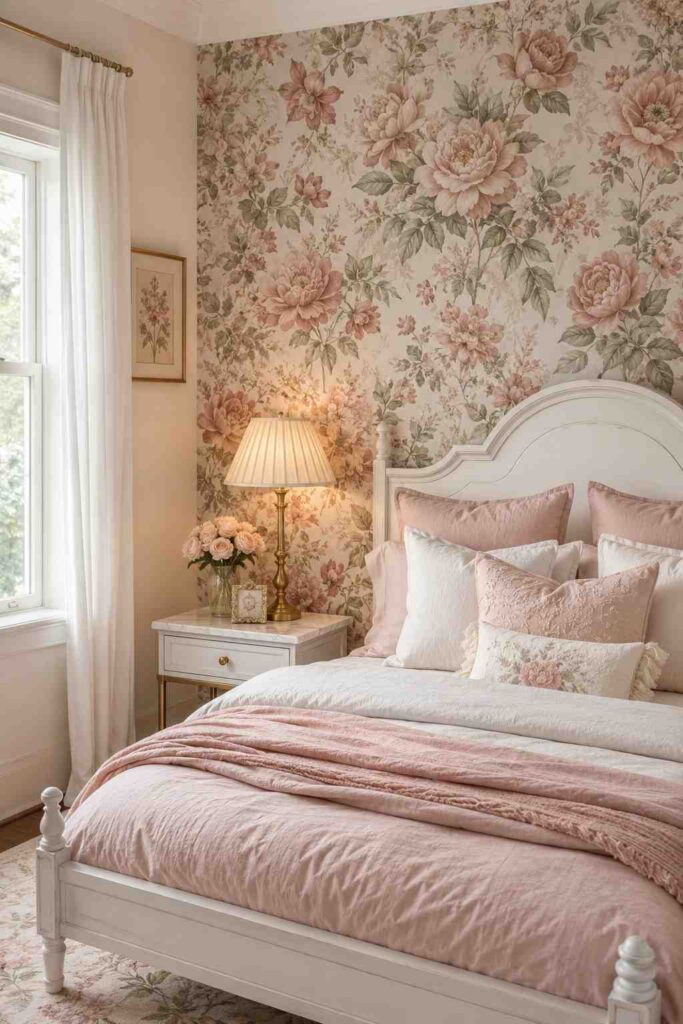 Soft vintage floral wallpaper in dusty rose and sage behind a white bed frame with blush linen bedding