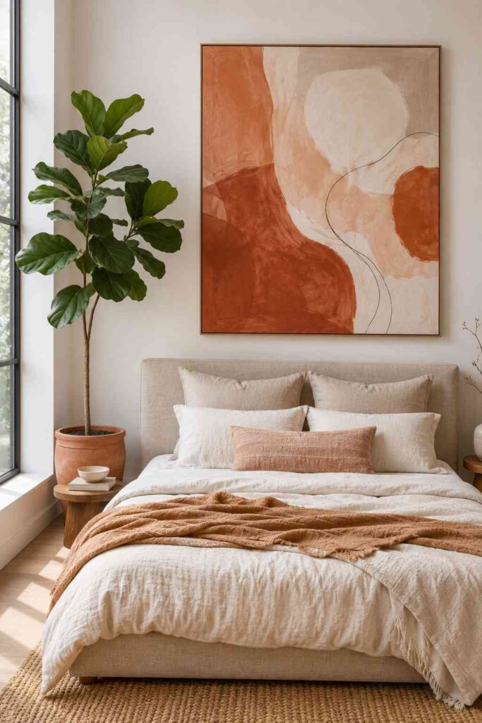 Large oversized abstract canvas in terracotta and cream tones hanging above a neutral linen bed in a modern bedroom