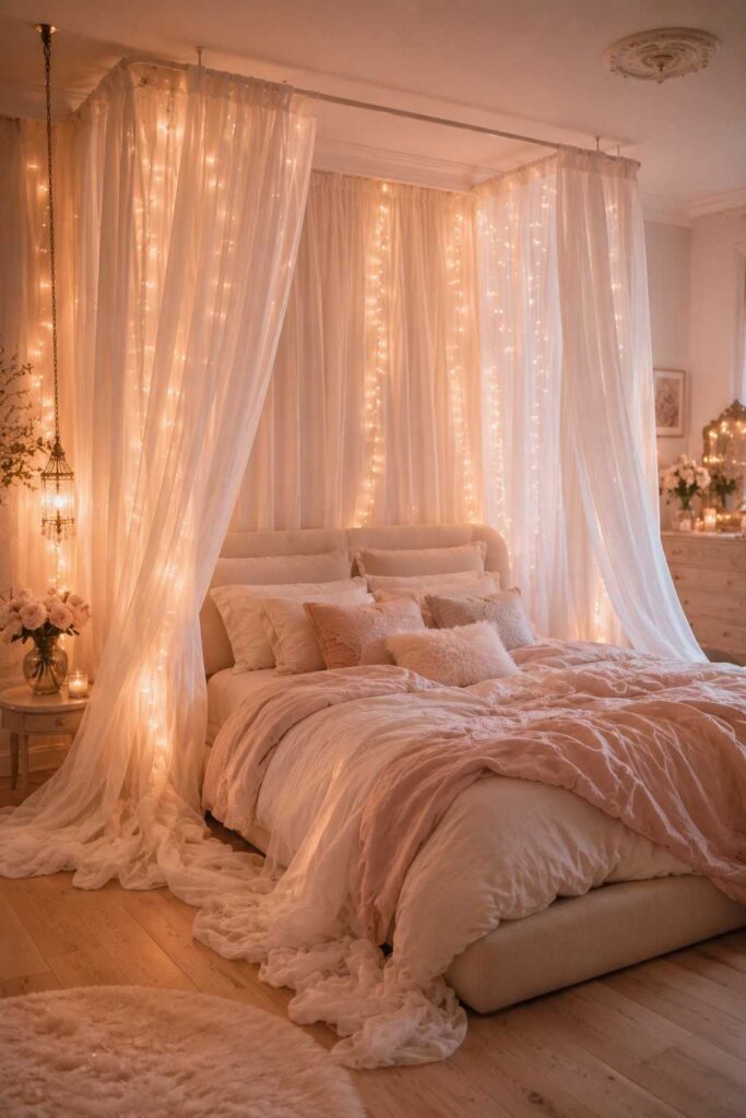 Sheer white linen curtain panels cascading from ceiling behind a cream upholstered bed creating a dreamy canopy effect