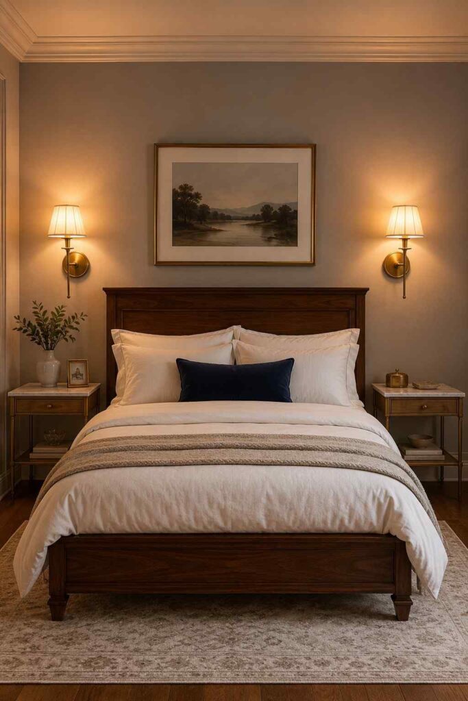 Two antique brass wall sconces mounted symmetrically on either side of a dark walnut bed frame in an elegant bedroom