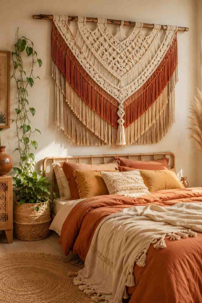 Large handwoven macrame tapestry in cream and rust tones hanging above a boho bed with layered terracotta bedding