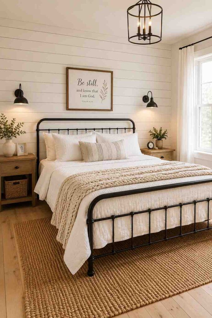 White horizontal shiplap wood panel wall behind a black iron bed frame with white bedding and black wall sconces