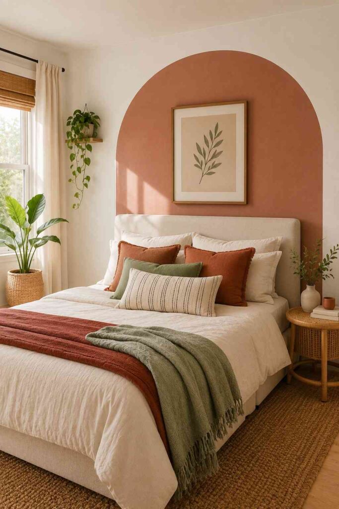 Large painted terracotta arch on white wall behind a cream linen bed with rust and sage cushions in a modern bedroom