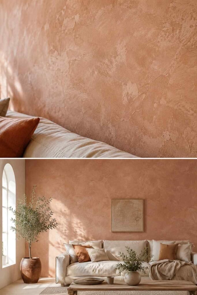 Warm dusty clay limewash wall with natural uneven mottled texture catching soft window light in wabi sabi room