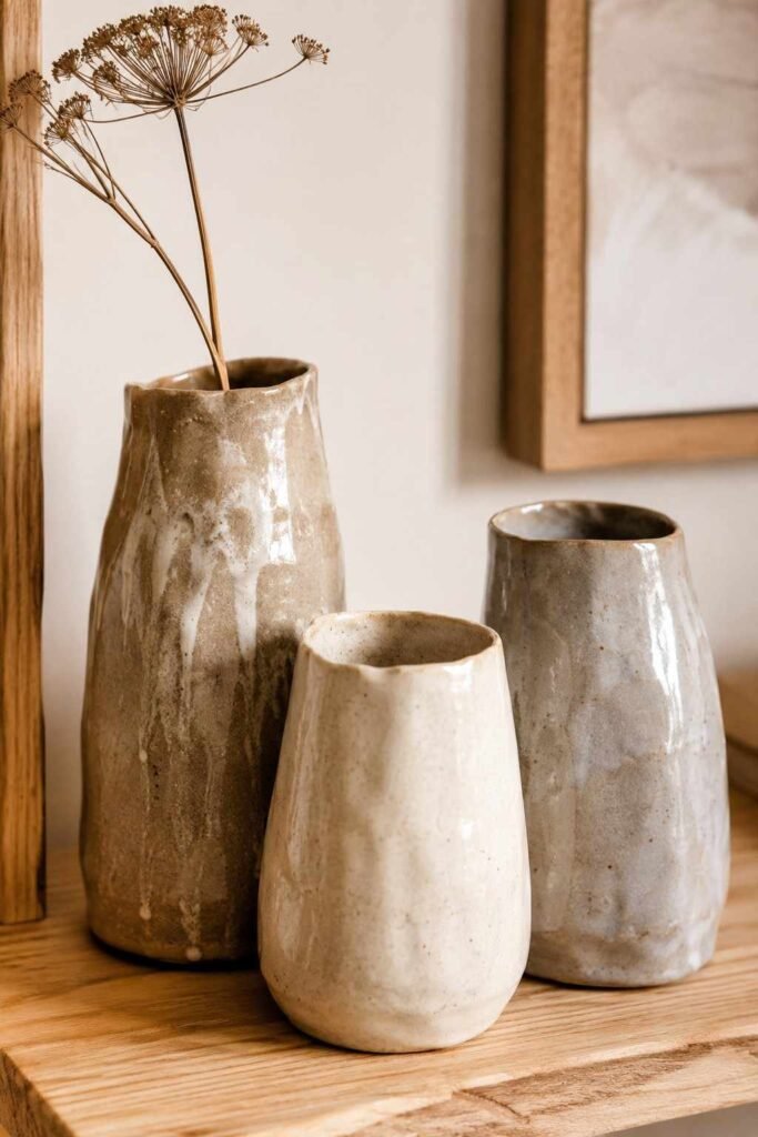 Three handmade ceramic vases in earthy taupe cream and ash grey with dried stems on natural wood shelf