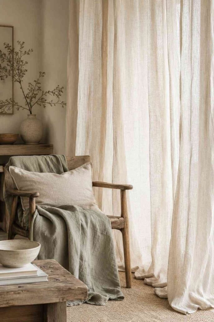 Naturally wrinkled oatmeal linen curtains cushions and sage throw in relaxed wabi sabi living room corner