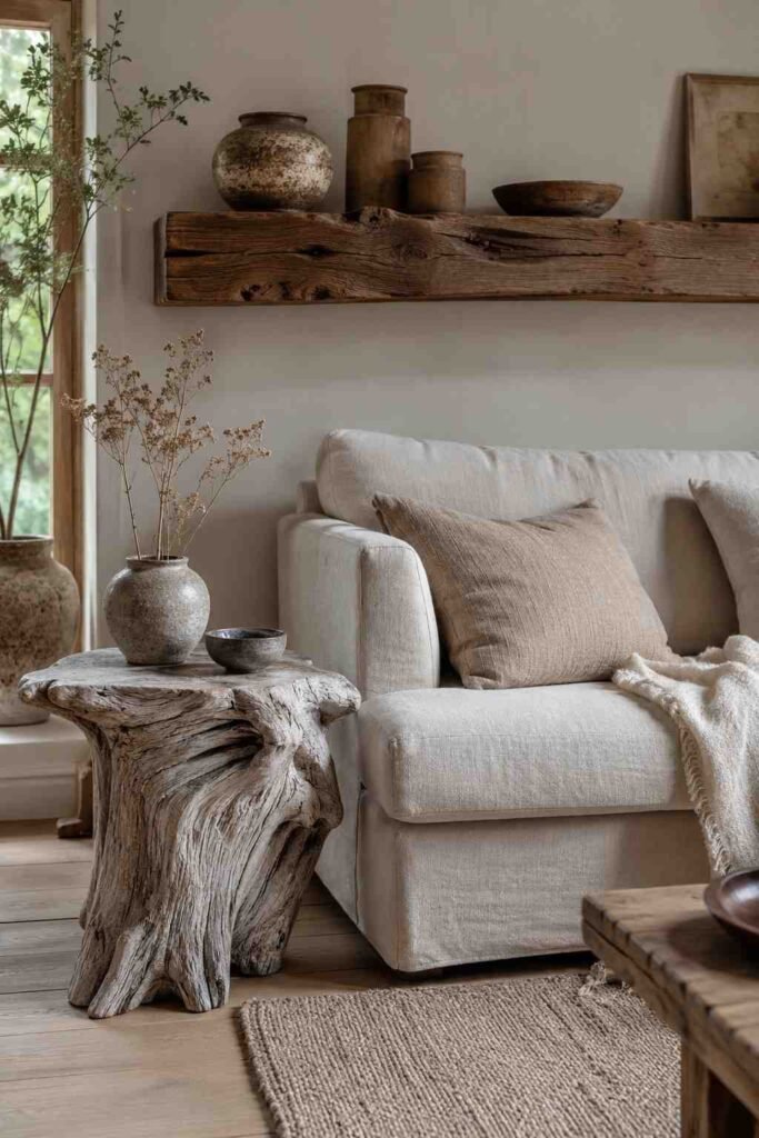 Driftwood side table and reclaimed wood beam shelf with ceramics and dried botanicals in wabi sabi living room