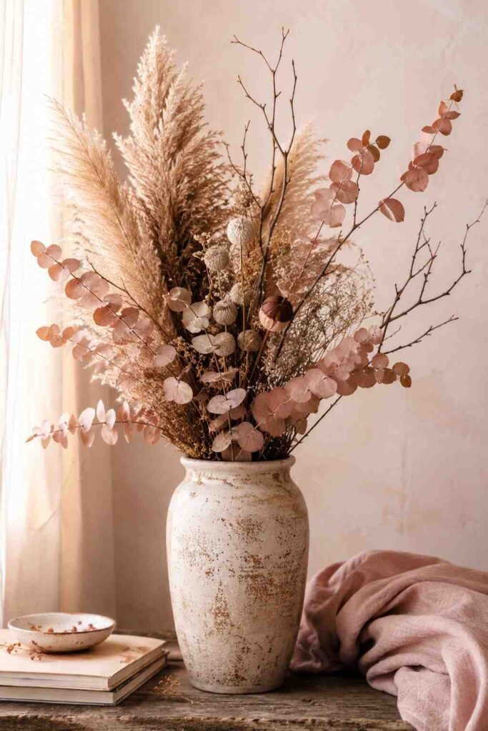Dried pampas grass eucalyptus branches and seed pods in handmade ceramic vase on weathered wood in wabi sabi style
