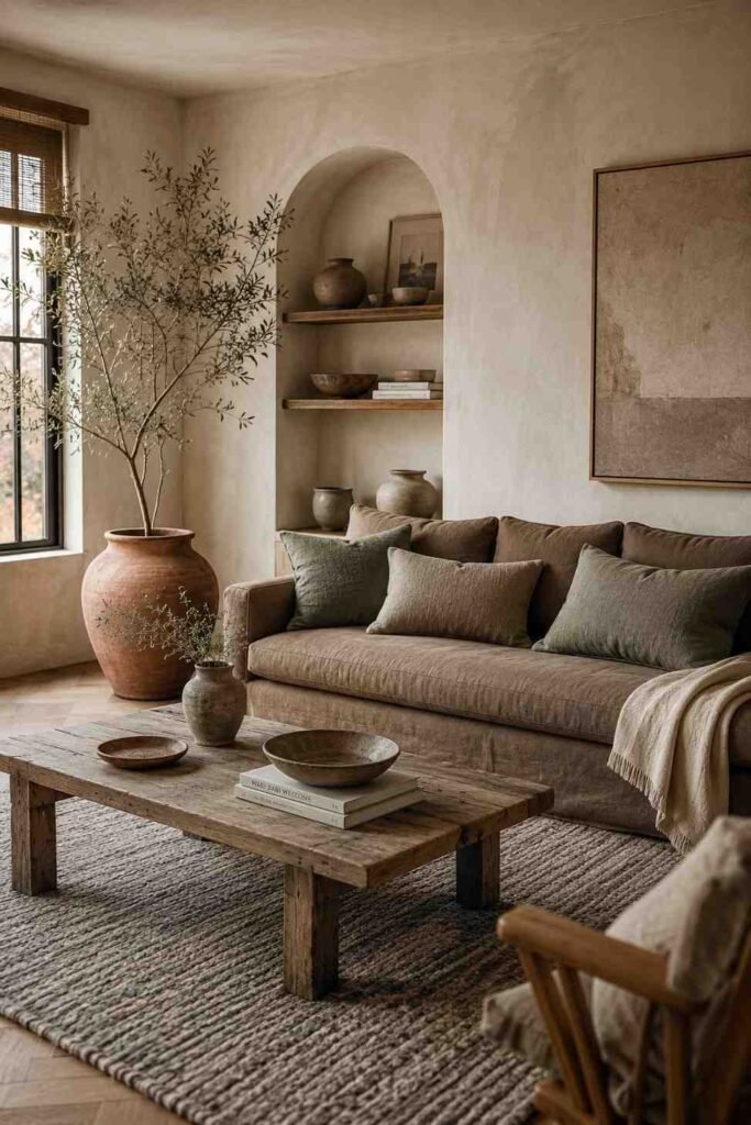 Wabi sabi living room in warm mushroom brown dusty sage faded terracotta and chalk white earthy color palette