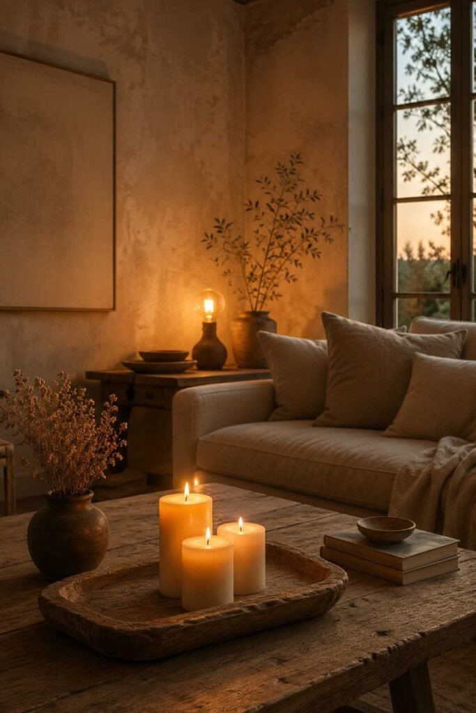 Wabi sabi living room at dusk with cream beeswax candles Edison bulb lamp and golden warm light on limewash walls