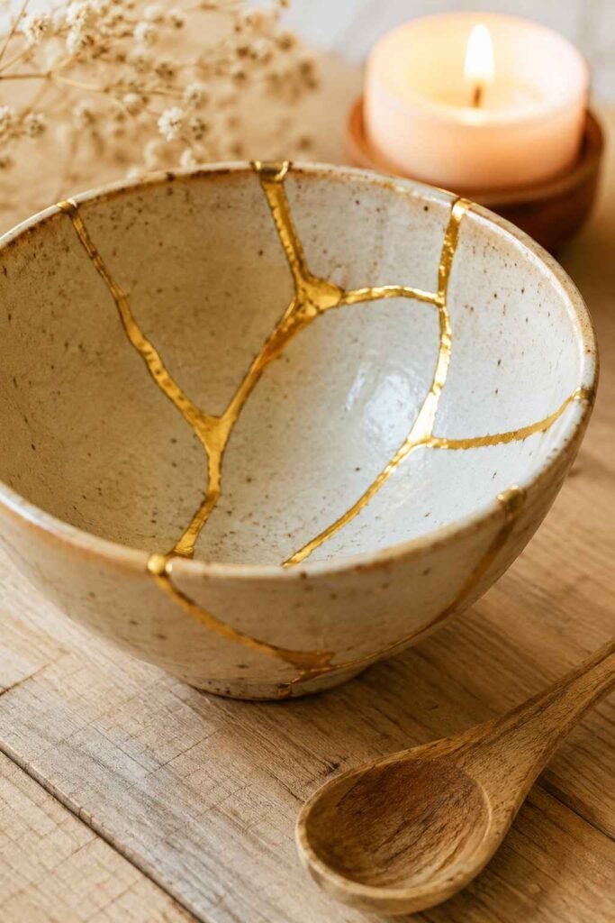 Cracked ceramic bowl repaired with gold kintsugi lacquer on natural wood surface in warm candlelight wabi sabi detail