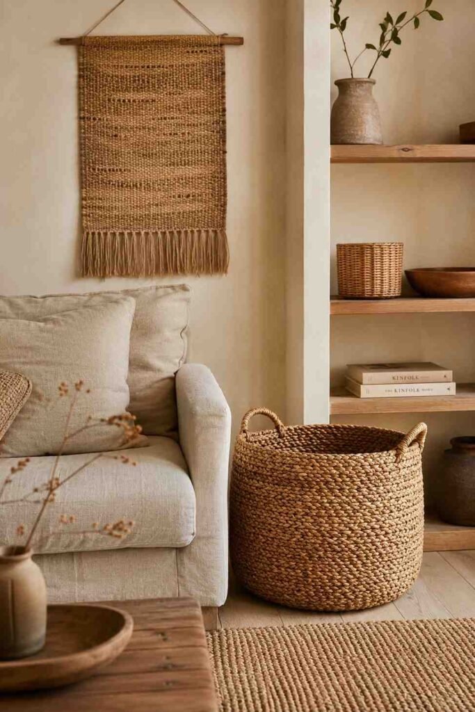 Large seagrass basket rattan shelf basket and jute wall hanging in warm natural tones in wabi sabi living room corner