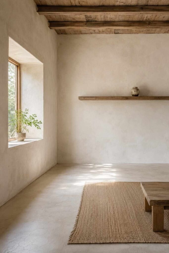 Minimal wabi sabi room with empty limewash walls single ceramic on shelf one plant and generous breathing space