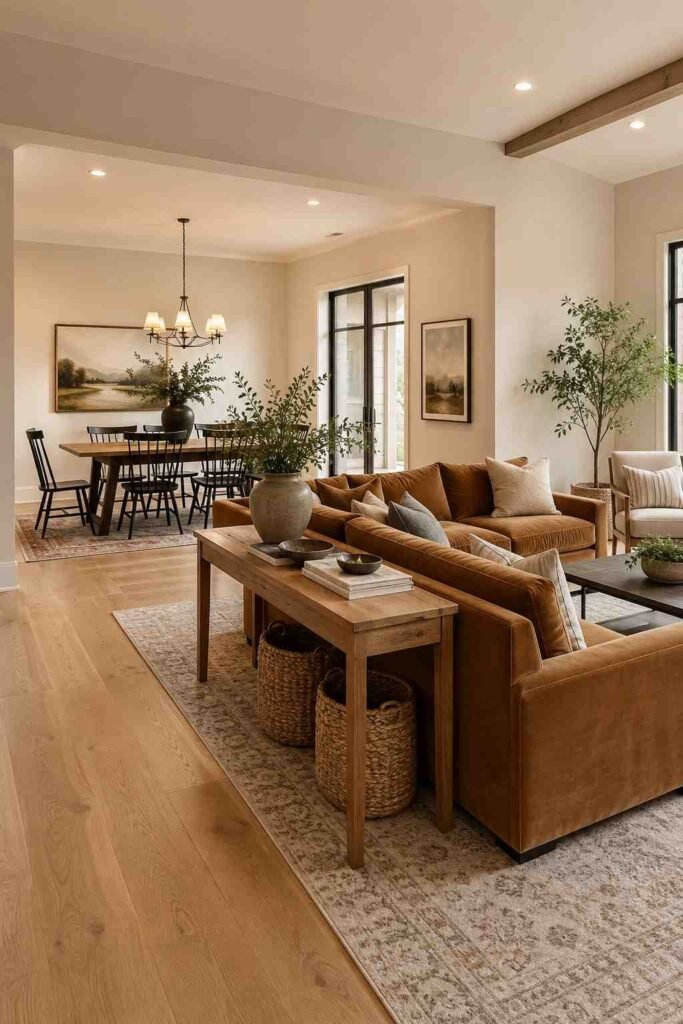 Large camel velvet sofa with back facing dining area as natural room divider in open plan living dining space