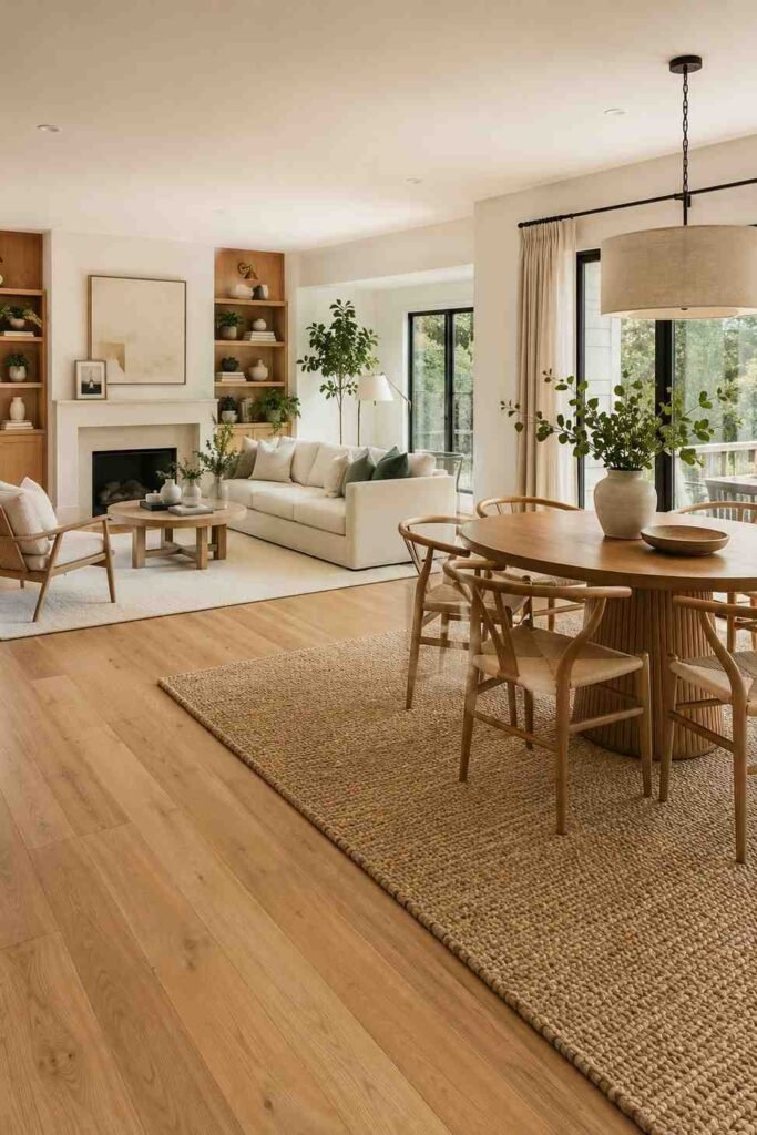 Two distinct area rugs defining living and dining zones in open plan space with oak flooring between them