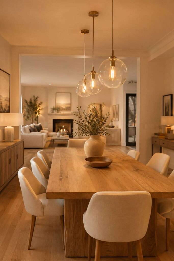 Clustered glass globe pendant lights above oak dining table creating intimate glow in open plan living dining room