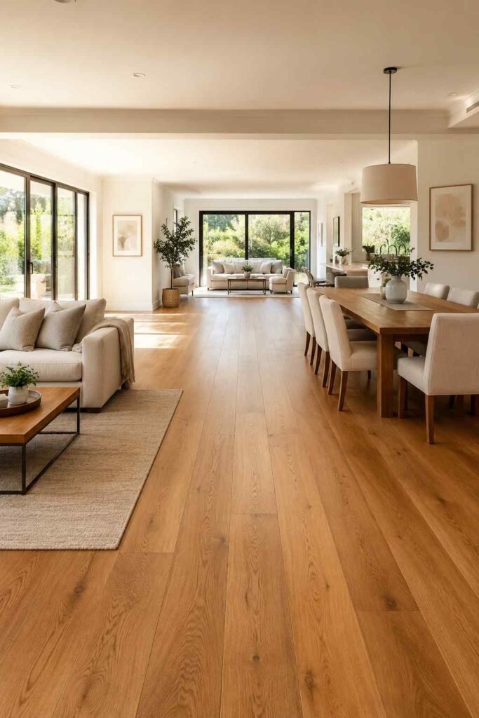 Continuous wide plank oak hardwood flooring flowing seamlessly through open plan living and dining room with no transitions