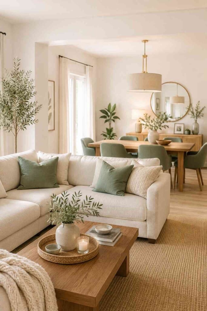 Cohesive sage green and warm linen color palette connecting living and dining zones in open plan room