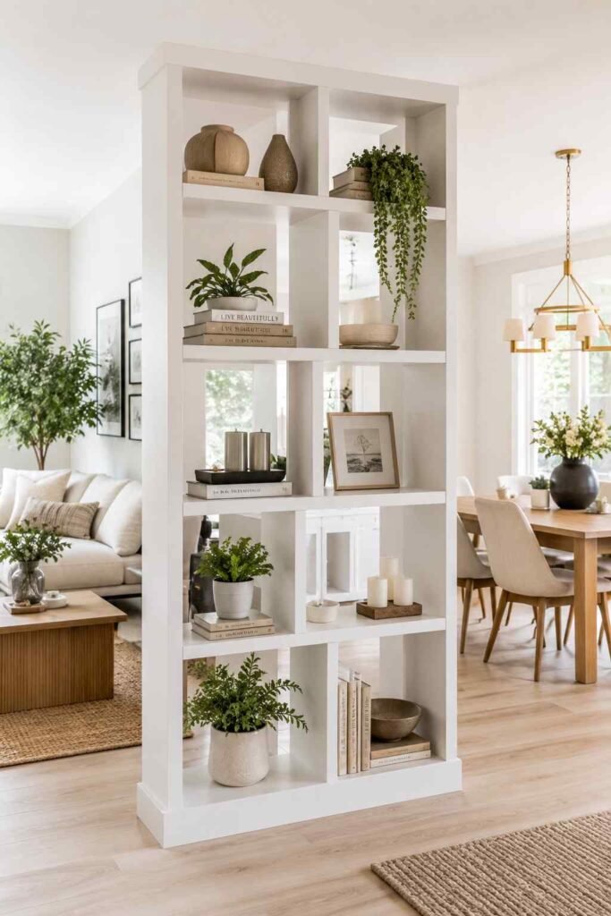 Tall open white bookshelf dividing living and dining zones in open layout with books plants and candles on shelves