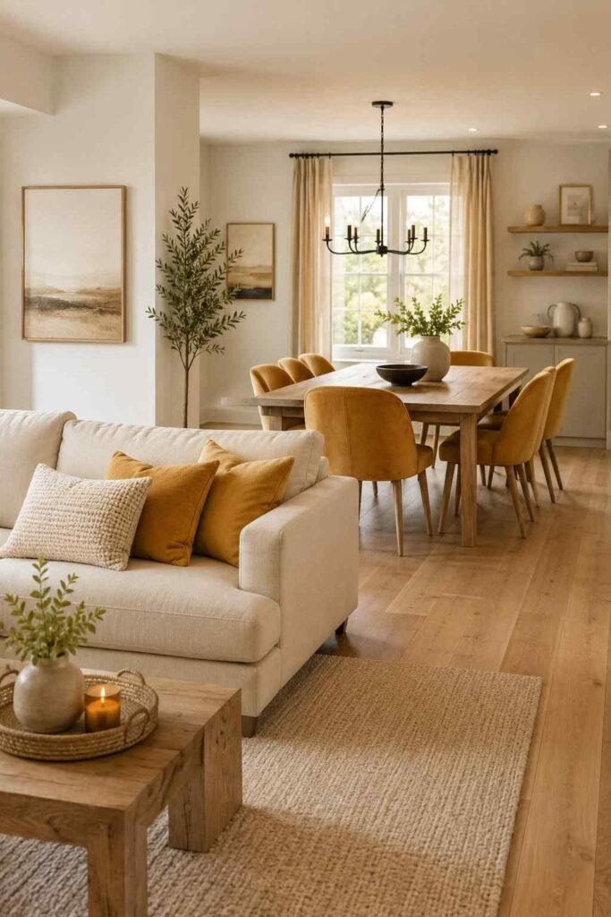 Mustard yellow dining chairs matching living room cushions creating color connection in open plan living dining space