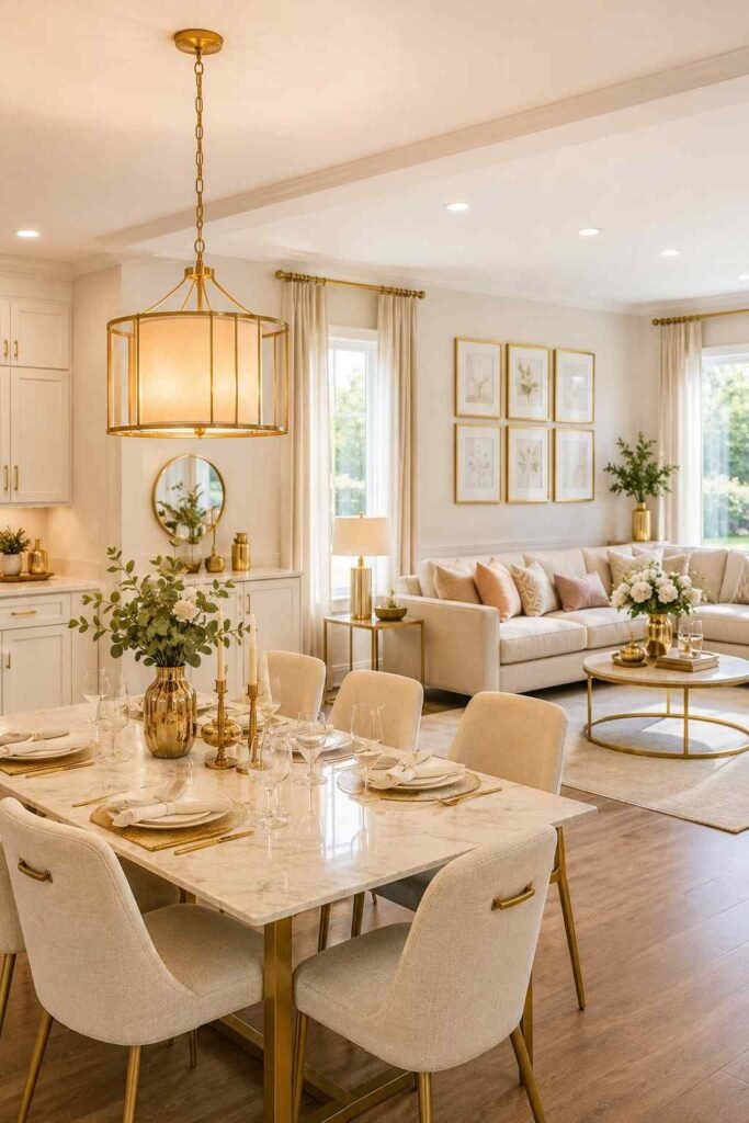 Consistent brushed gold metal finishes in pendant light curtain rods and frames across open plan living dining room