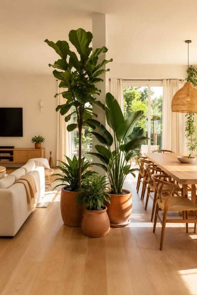 Cluster of tall indoor plants in terracotta pots creating natural living divider between open plan living and dining zones