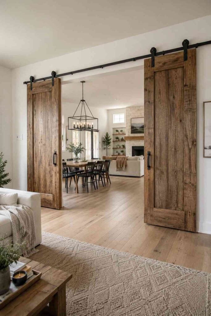 Natural reclaimed wood sliding barn doors on ceiling track between living and dining zones in open plan home