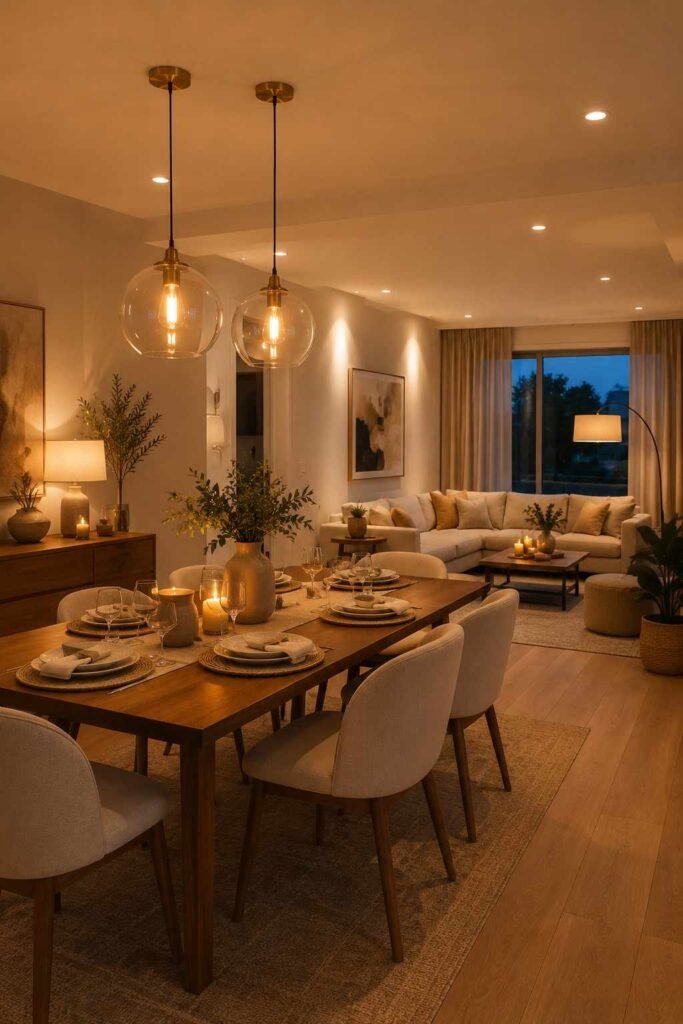Layered lighting with pendant lights above dining table and floor lamp in living corner creating warm mood in open plan room