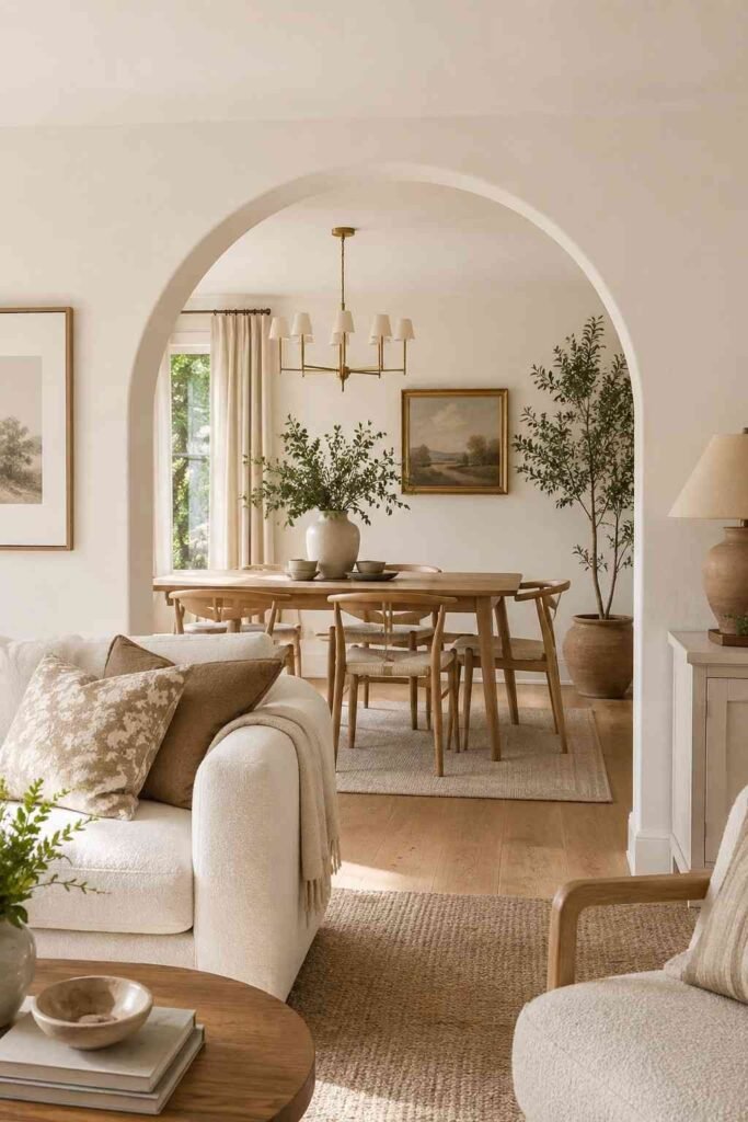 Soft rounded white plastered arch doorway connecting living and dining zones in open layout home with warm natural light