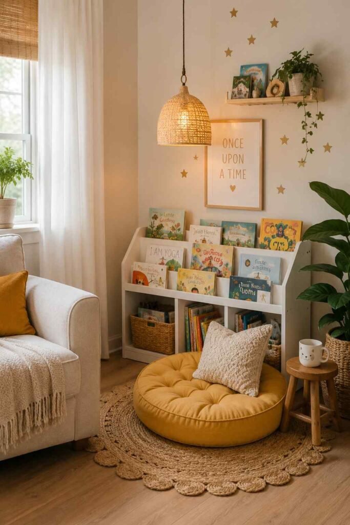 Cozy kids reading nook in living room corner with white bookshelf mustard cushion and warm pendant light