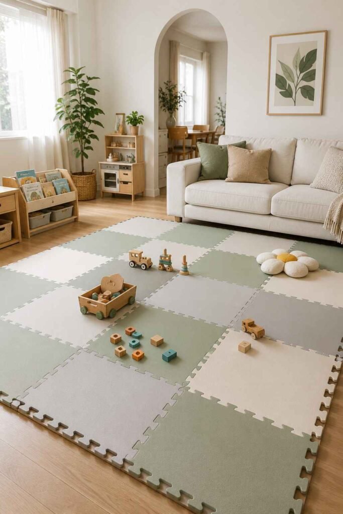Large sage green foam play mat defining kids play zone in bright neutral family living room with wooden toys