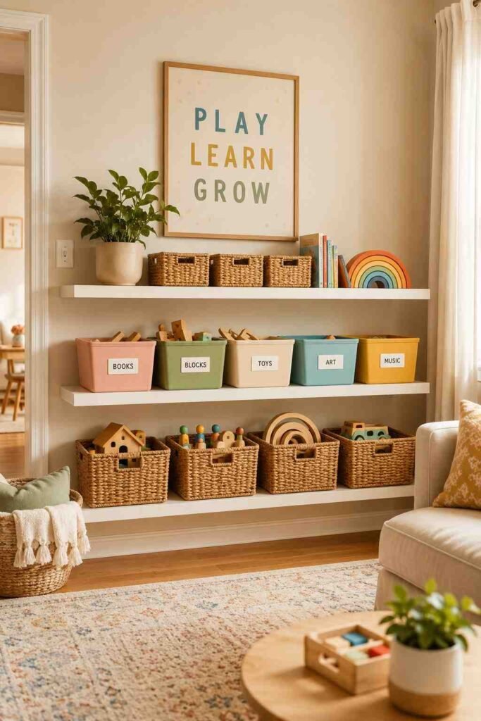 Low white open shelving with woven baskets labeled bins and wooden toys in organized kids living room play area