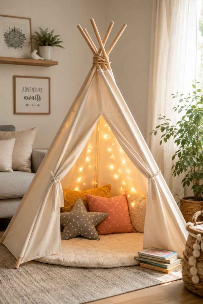 Natural white canvas teepee tent in living room corner with fairy lights cushions and children's books inside