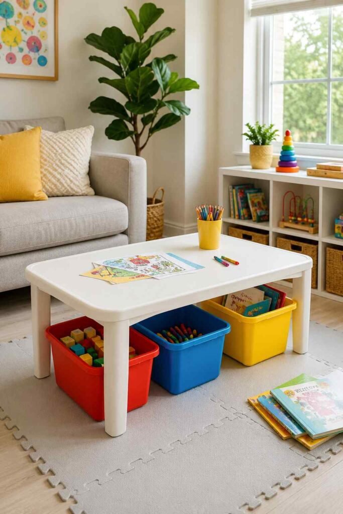 White kids activity table with chunky colorful storage bins underneath in bright living room play corner