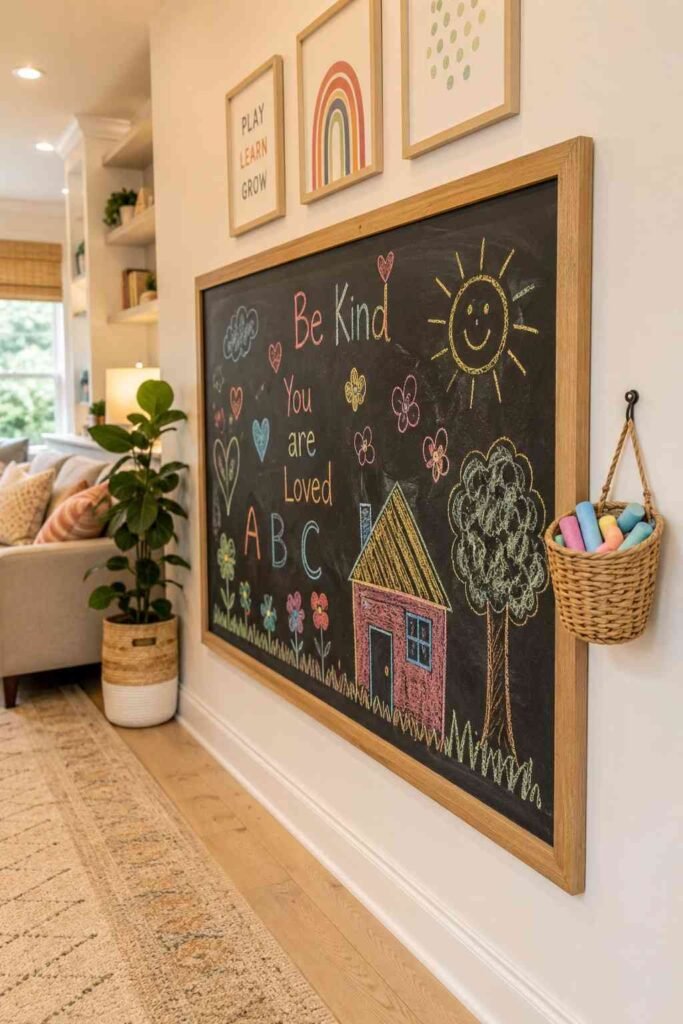 Framed chalkboard wall panel at child height with colorful chalk drawings and chalk basket in family living room