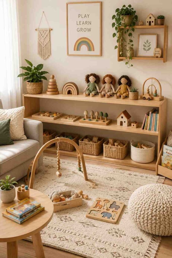 Calm Montessori play corner with natural wood shelves wooden toys fabric dolls and woven baskets in living room