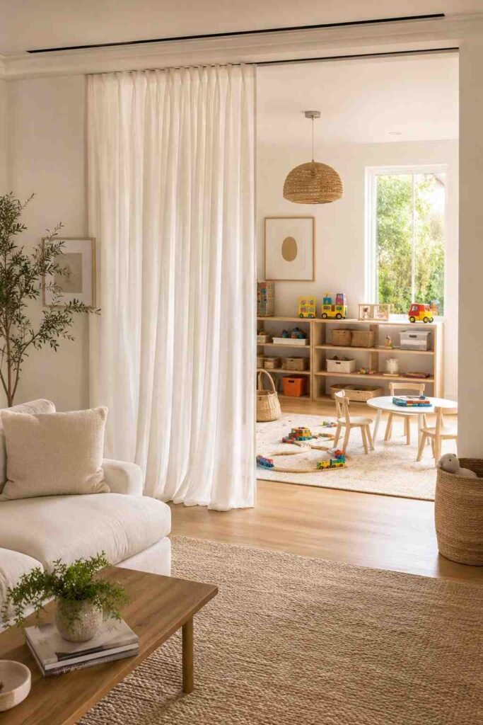 White linen curtain divider on ceiling track separating kids play area from adult living room spac