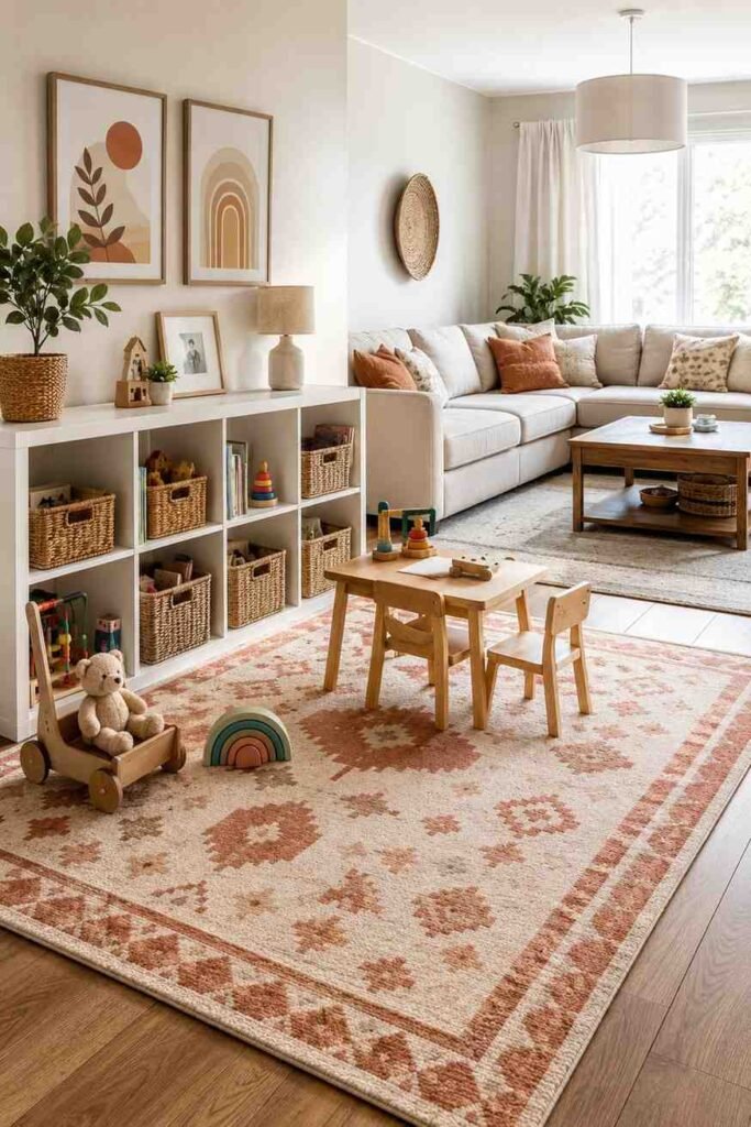 Geometric terracotta rug and low white shelving combo defining kids play zone in warm family living room